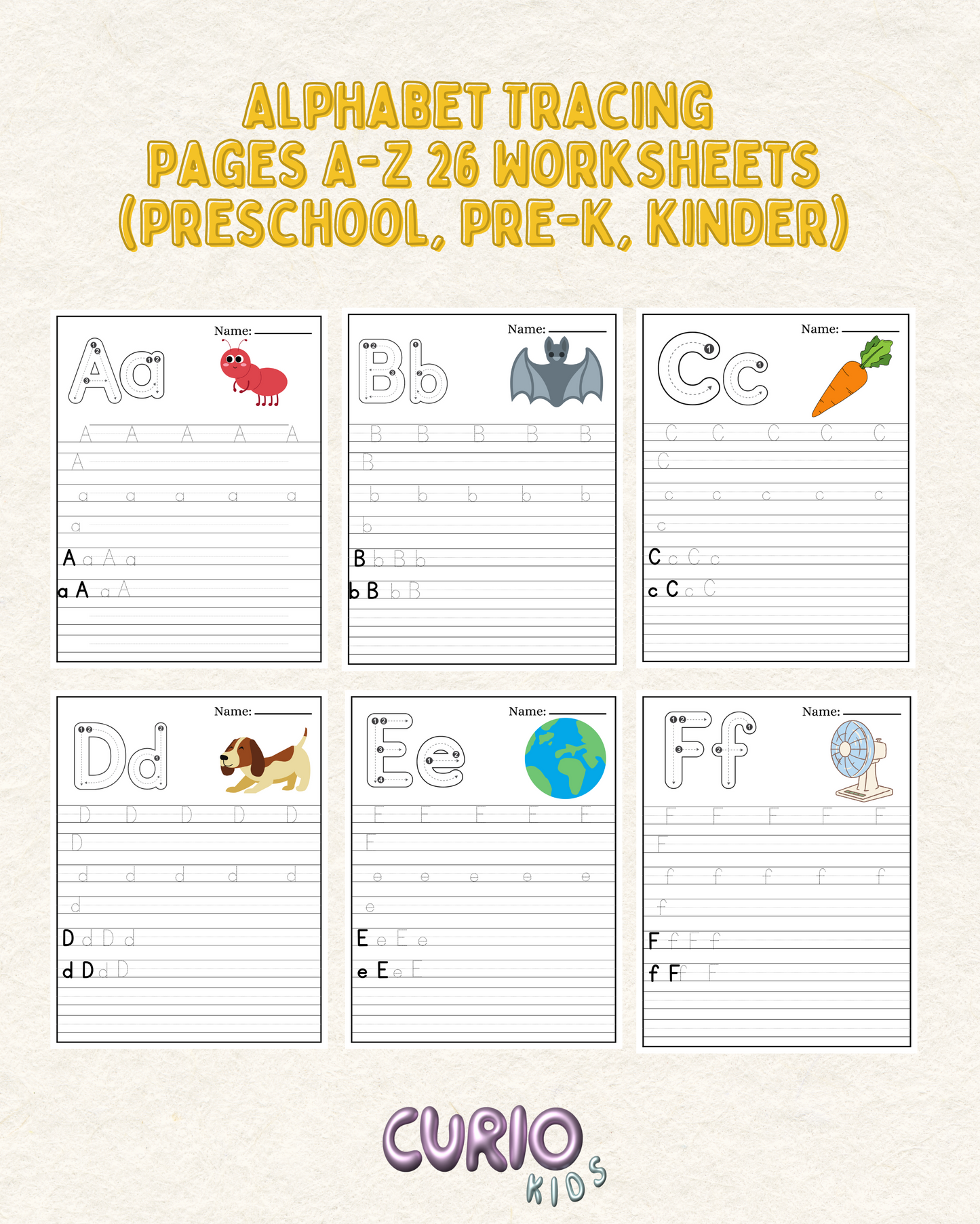 Alphabet Tracing Pages A-Z 26 Worksheets (Preschool, Pre-K, Kinder)